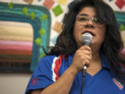 Diana Perez, Washington state director of the League of United Latin American Citizens and founder of the Southwest Washington chapter, speaks during the LULAC press conference regarding President Donald Trump’s order to end the Deferred Action for Childhood Arrivals program.