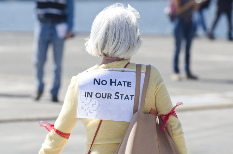 A counter-protester arrives at Joey Gibson's Patriot Prayer Group rally at the Port of Vancouver Amphitheater on Sunday, September 10, 2017. The event was moved to Vancouver from Portland in an attempt to avoid protesters.