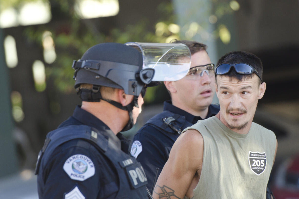 Bill Wilson of Portland was briefly detained after nearly driving through a crowd of protesters after a rally held by Joey Gibson’s Patriot Prayer Group in Vancouver on Sunday. He said Tuesday that he had been attempting to leave the area and had no intention of harming anyone.