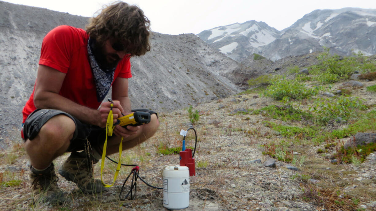 Steve Hanson from the University of New Mexico sits next to one of 140 seismometers placed on Mount St. Helens to examine very subtle activity below the surface. (U.S.