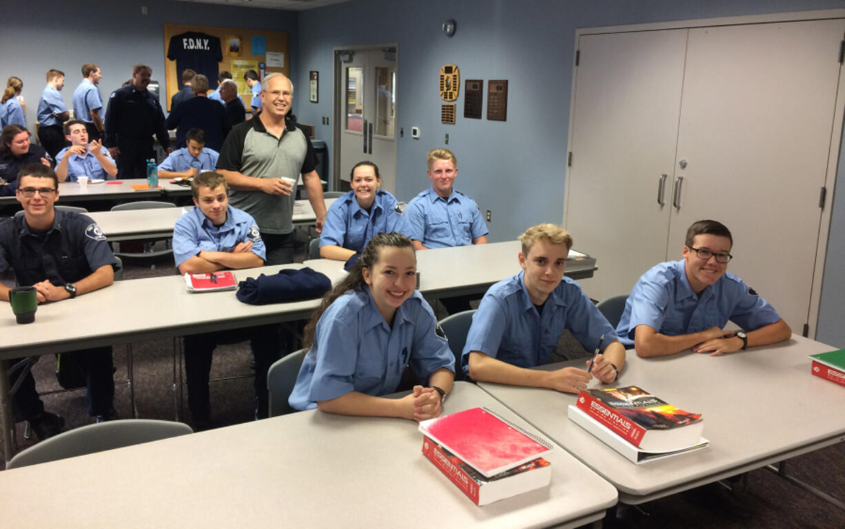 Hockinson: County council Chair Marc Boldt met with Fire District 3’s high school fire cadets at Station 31 on Sept. 11, following a memorial ceremony to honor victims of the Sept. 11, 2001, attacks.