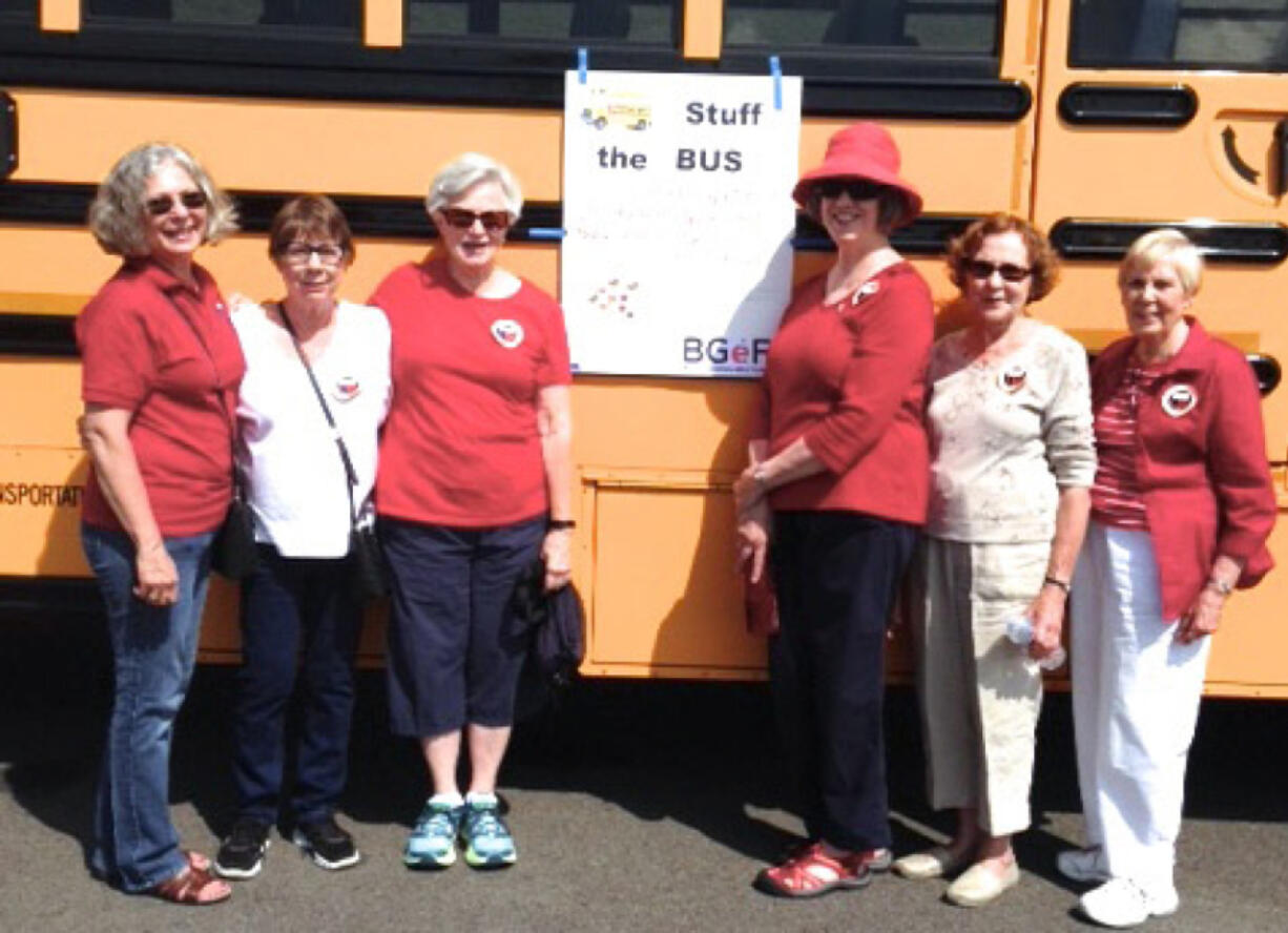 Battle Ground: Volunteers from the Battle Ground Education Foundation took shifts outside of various Wal-Mart entrances handing out a list of school supplies to shoppers and collected what they bought for the district’s Stuff the Bus event.