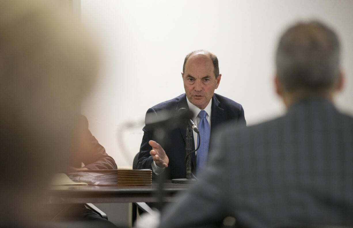 Clark County Auditor Greg Kimsey speaks at a hearing to determine if Port of Vancouver commissioner candidate Don Orange's residency .