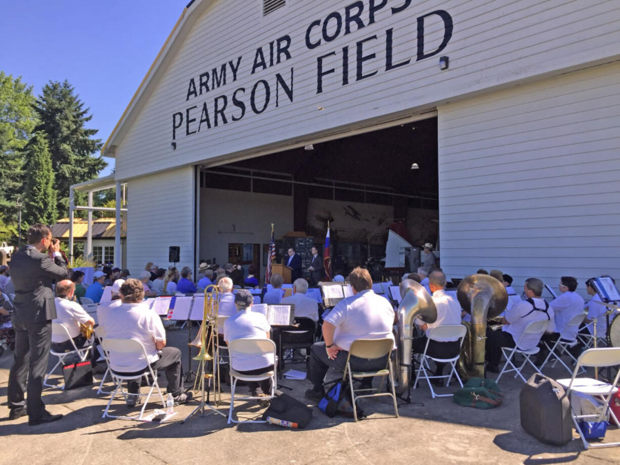 North Hazel Dell: The full Vancouver Community Concert Band performing at the 80th anniversary celebration of Valery Chkalov’s landmark transpolar flight from Moscow to the Pearson Field in June.