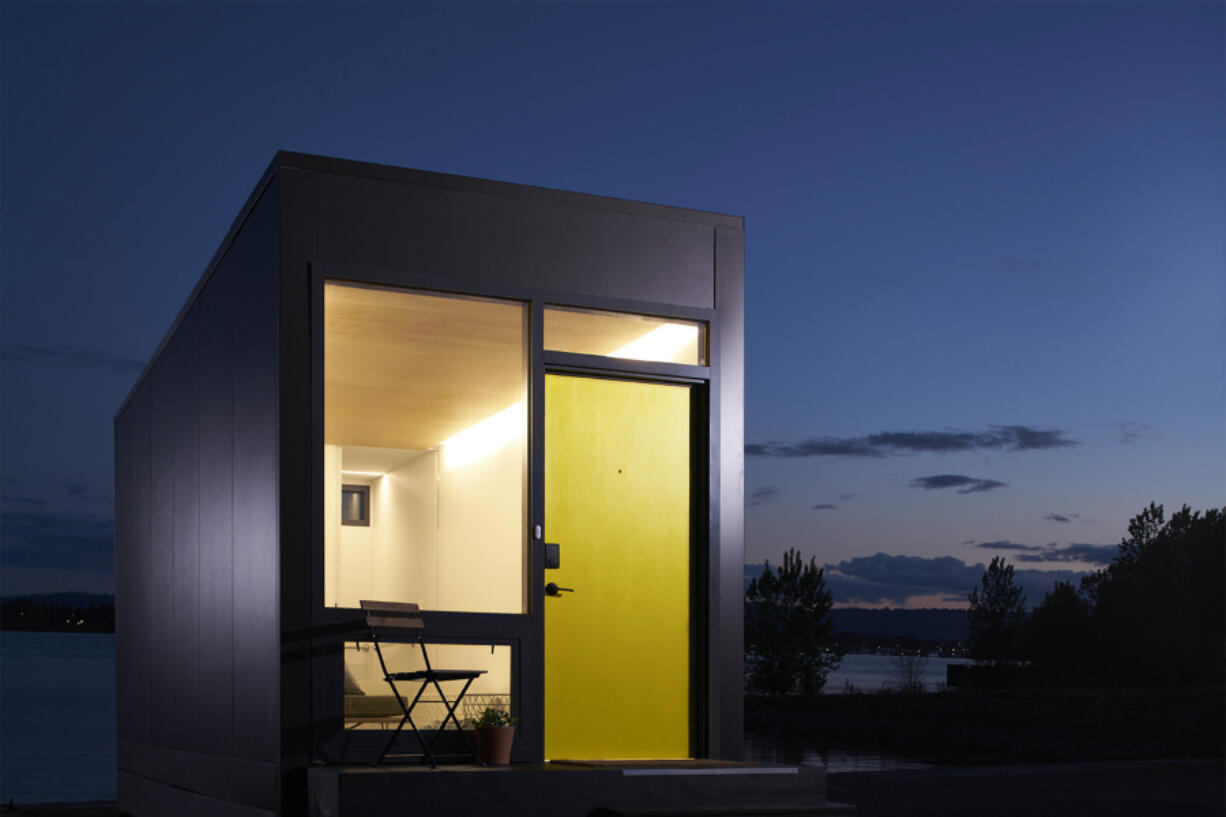 Images of a Blok that was shown in San Francisco and Seattle. The Bloks can be a standalone studio apartment-type dwelling or be joined together to make dwelling spaces.