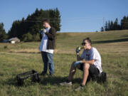 Joe Mesplay of Hockinson, 15, left, and Noah Ayers of Vancouver, 16, taste freshly picked corn during the second event for Vancouver’s new VolunTOUR program. During the event volunteers helped move branches from the farm’s orchard and picked corn to donate to the local food bank.