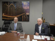 Don Orange, left, and Kris Greene, both candidates for Port of Vancouver commissioner, District 1, take questions from the Editorial Board at The Columbian on Friday morning.