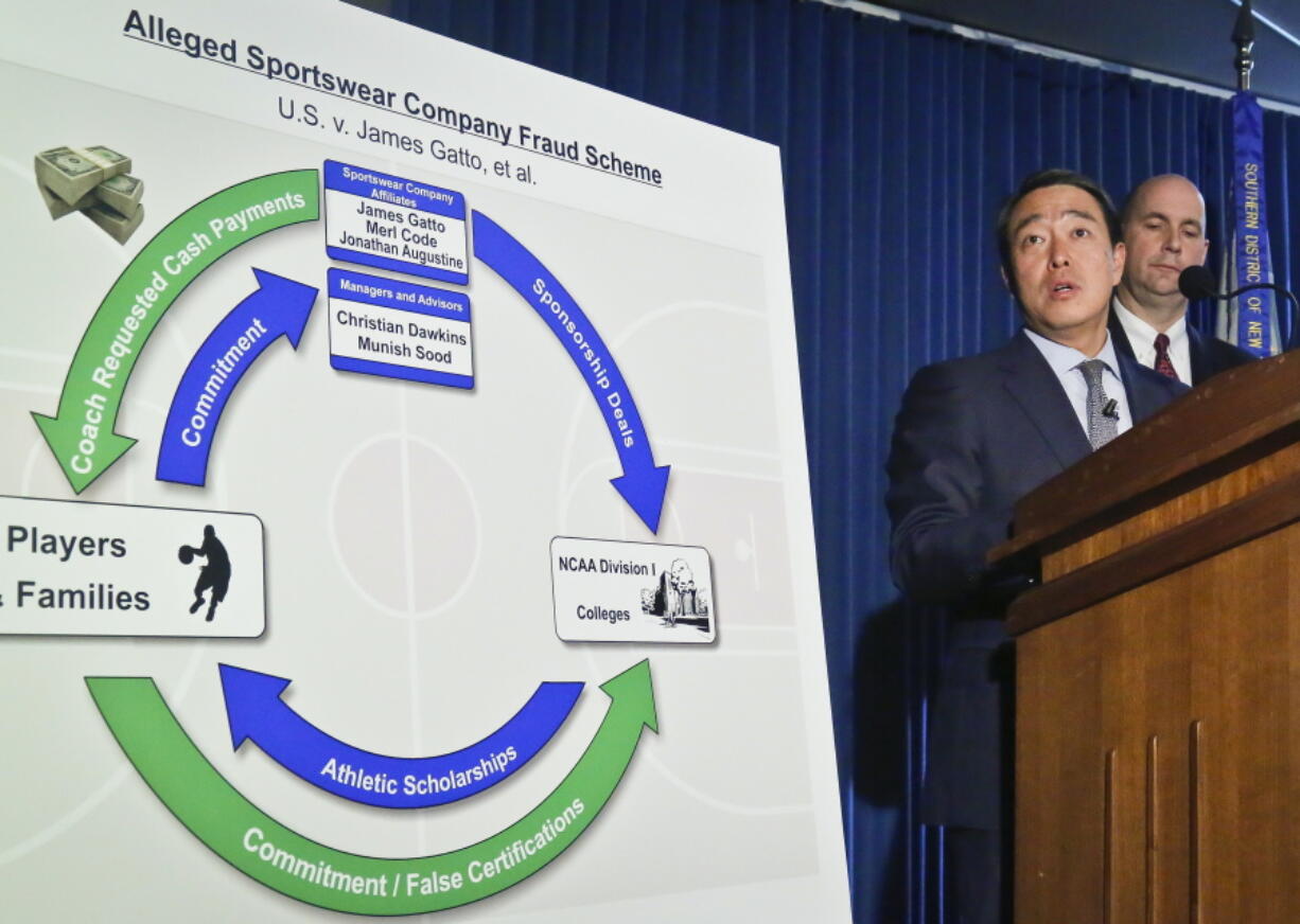 Acting U.S. Attorney for the Southern District of New York Joon H. Kim, second from right, and FBI Assistant Director William Sweeney, Jr., right, hold a press conference to announce the arrest of four assistant basketball coaches from Arizona, Auburn, the University of Southern California and Oklahoma State on federal corruption charges, Tuesday Sept. 26, 2017, in New York.