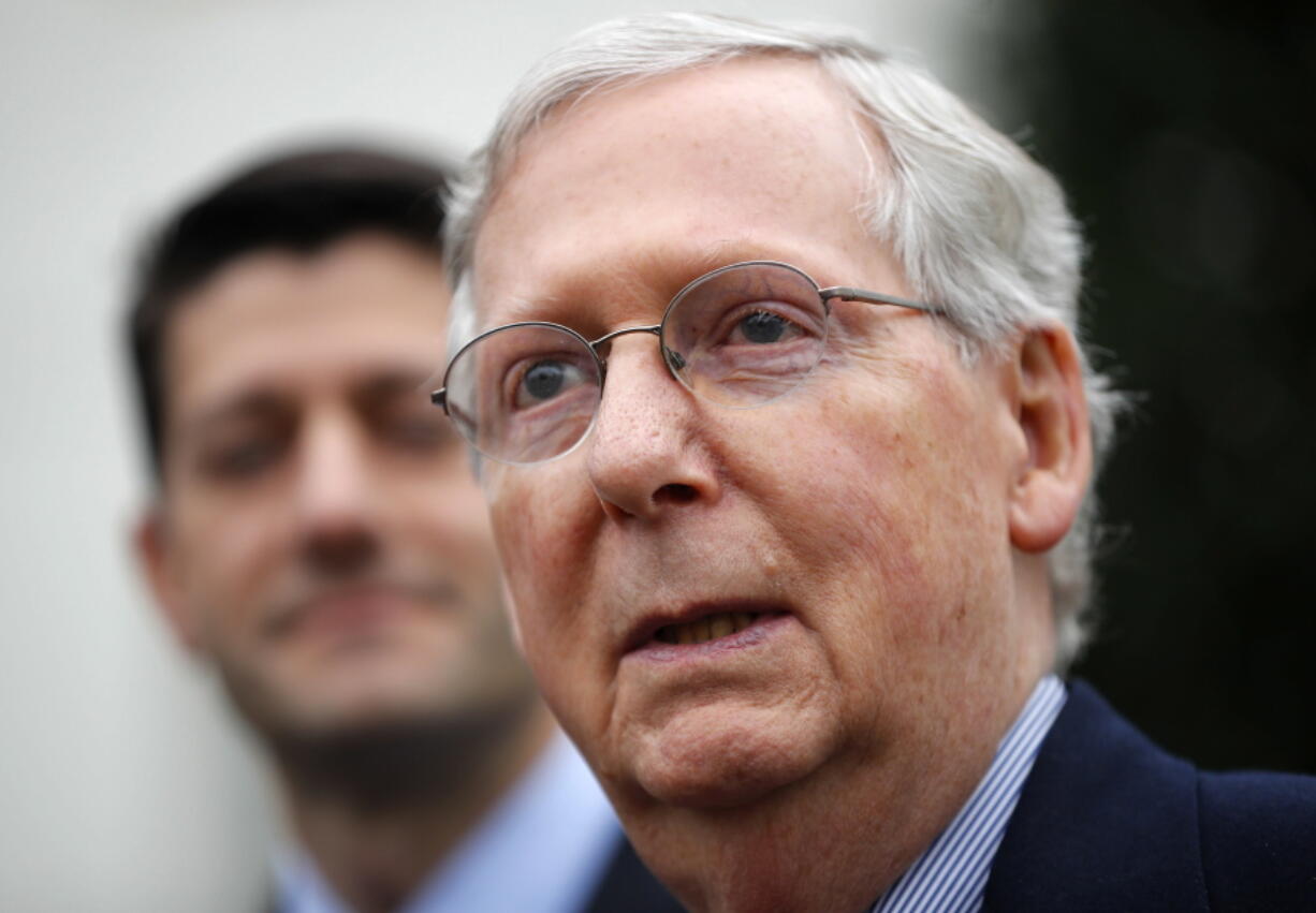 Senate Majority Leader Mitch McConnell of Ky., accompanied by House Speaker Paul Ryan of Wis., speaks to reporters outside the White House in Washington, following their meeting with President Donald Trump inside. Harvey has scrambled the equation for Congress as lawmakers return to Washington Tuesday. Having accomplished little in the first six months of the year they now face a daunting workload, but the immediate need to send aid to help Texas and Louisiana recover from the massive storm damage takes center stage, and pushes other disputes to the side.