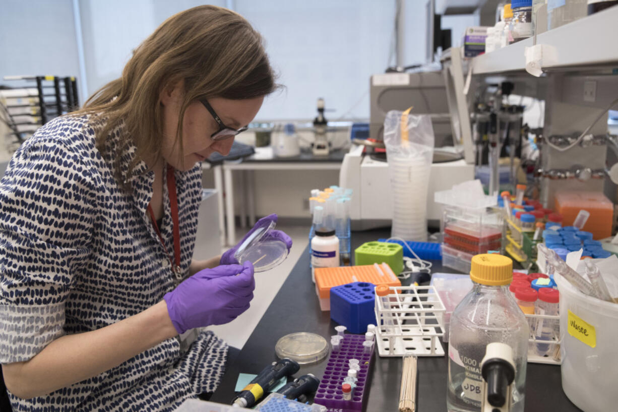 Post doctoral fellow Leslie Mitchell works in April at a New York University lab in the Alexandria Center for Life Sciences in New York, where researchers are attempting to create completely man-made, custom-built DNA.