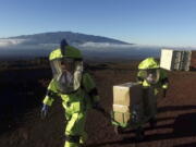 Crew members of Mission V, walk up hill with a cart next to the university’s facility Hawaii Space Exploration Analog and Simulation (HI-SEAS) at the Mauna Loa volcano, Big Island, Hawaii. After eight months of living in isolation on a remote Hawaii volcano, six NASA-backed space psychology research subjects will emerge from their Mars-like habitat on Sunday. The participants are in a study designed to better understand the psychological impacts of a long-term manned mission to space on astronauts. NASA hopes to send humans to Mars by the 2030s.