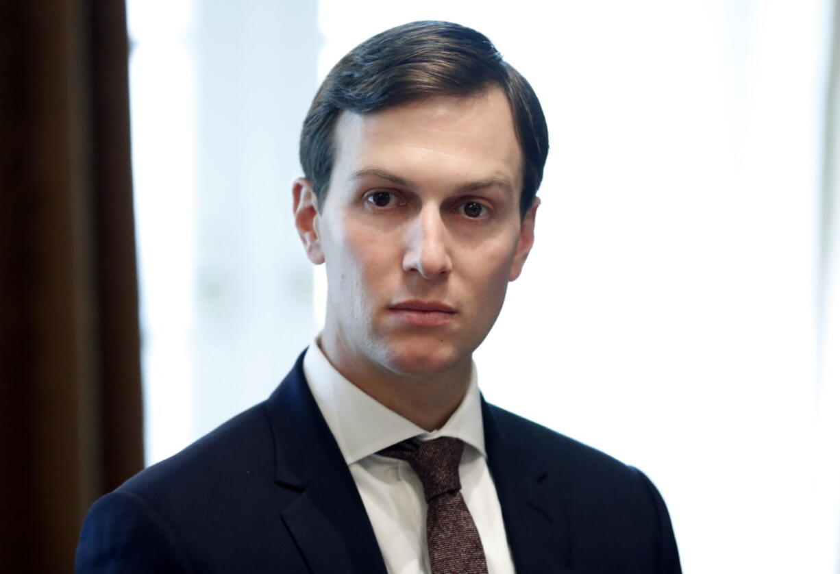 FILE - In this Sept. 12, 2017, file photo, White House Senior Adviser Jared Kushner listens as President Donald Trump speaks during a meeting with Malaysian Prime Minister Najib Razak in the Cabinet Room of the White House in Washington. President Donald Trump’s son-in-law, Kushner, occasionally used his personal email account to communicate with colleagues in the White House, his lawyer said Sunday, Sept. 24.