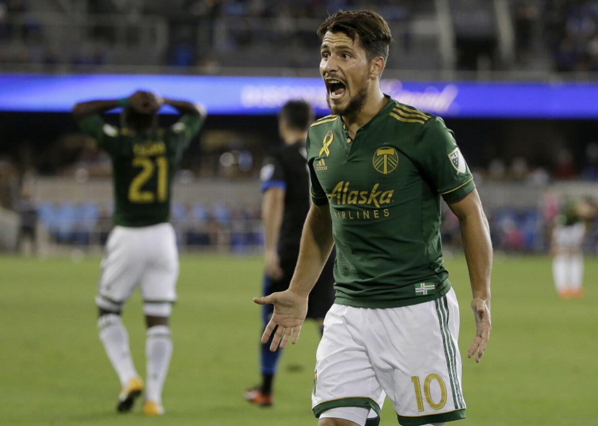 Portland Timbers midfielder Sebastian Blanco (10) reacts to a referee’s call during the second half of an MLS soccer match between the San Jose Earthquakes and the Timbers in San Jose, Calif., Saturday, Sept. 30, 2017.