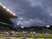 Washington and Montana play under a cloudy sky at Husky Stadium on Saturday, Sept. 9, 2017, in Seattle. Washington won 63-7. (AP Photo/Ted S.