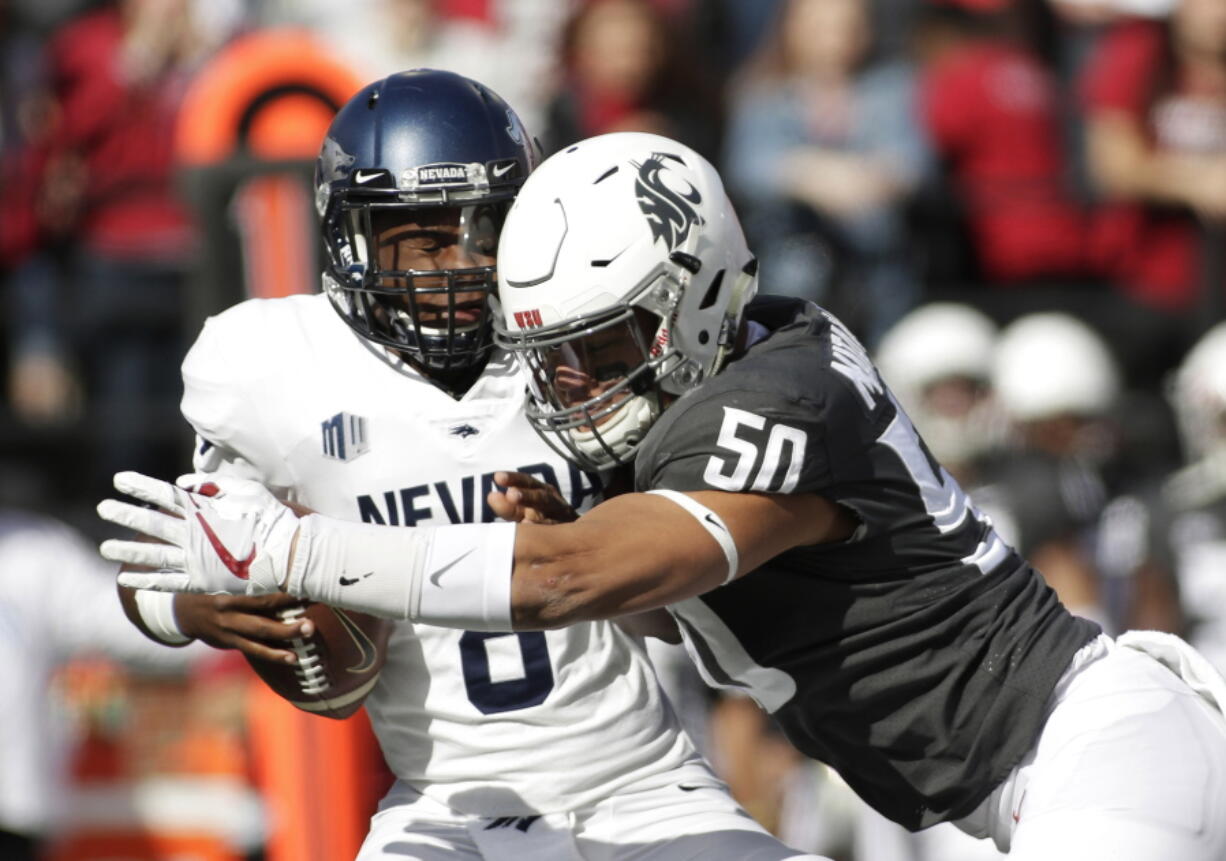 Washington State defensive lineman Hercules Mata’afa (50) sacks Nevada quarterback Kaymen Cureton during the first half of an NCAA college football game in Pullman, Wash., Saturday, Sept. 23, 2017.