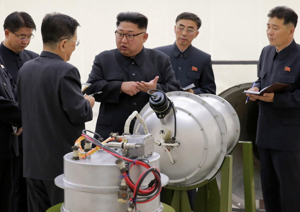 This undated file image distributed on Sunday, Sept. 3, 2017, by the North Korean government, shows North Korean leader Kim Jong Un at an undisclosed location. North Korea’s latest nuclear test was part theater, part propaganda and maybe even part fake. But experts say it was also a major display of something very real: Pyongyang’s mastery of much of the know-how it needs to reach its decades-old goal of becoming a full-fledged nuclear state. The jury is still out on whether North Korea tested, as it claims, a hydrogen bomb ready to be mounted on an ICBM.