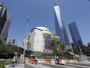 In this Aug. 10, 2017 photo, the St. Nicholas National Shrine, center, designed by renowned architect Santiago Calatrava, is under construction at the World Trade Center in New York. It is replacing a tiny Greek Orthodox church that was crushed by the Trade Center’s south tower during the terrorist attacks of Sept. 11, 2001.