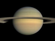 An image of Saturn seen from the Cassini spacecraft in 2008.