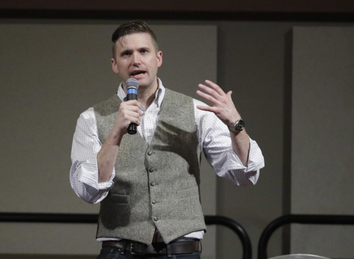 Richard Spencer, who leads a movement that mixes racism, white nationalism and populism, speaks at the Texas A&M University campus in College Station, Texas, in 2016. A lawsuit has been filed against Michigan State University after it denied a request to rent space on campus for Spencer to speak in September. Georgia State University student Cameron Padgett, who tried to rent the room, sued Sunday, Sept. 3, 2017, alleging the university is violating Spencer’s free speech. (AP Photo/David J.