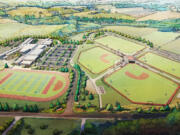 A rendering of the Ridgefield Outdoor Recreation Complex, a joint project between the city and Ridgefield School District, which will feature six multi-purpose turf fields, trails, a playground and meeting space.