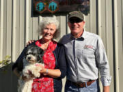 Shirley and Gary Gross of Ethereal Meads with their dog, Nellie, at their meadery in Battle Ground.