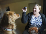 Lori Hultman entices her 4-year-old golden retriever, Lily Pad, with a ball at her home in Vancouver on Monday. The Morris Animal Foundation is following 3,000 golden retrievers, including Lily Pad, over the course of their lives to determine what might cause cancer in this breed that is prone to the illness. At top, Lily Pad as a puppy.