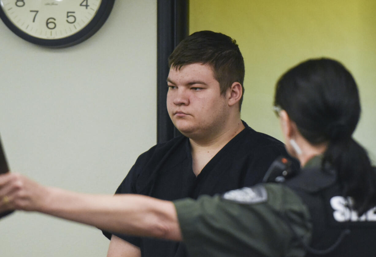 Justin Lee Smith-Riggs, 20, suspect in a burglary and arson at the nonprofit Tilikium, makes a first appearance in Clark County Superior Court on Monday morning.