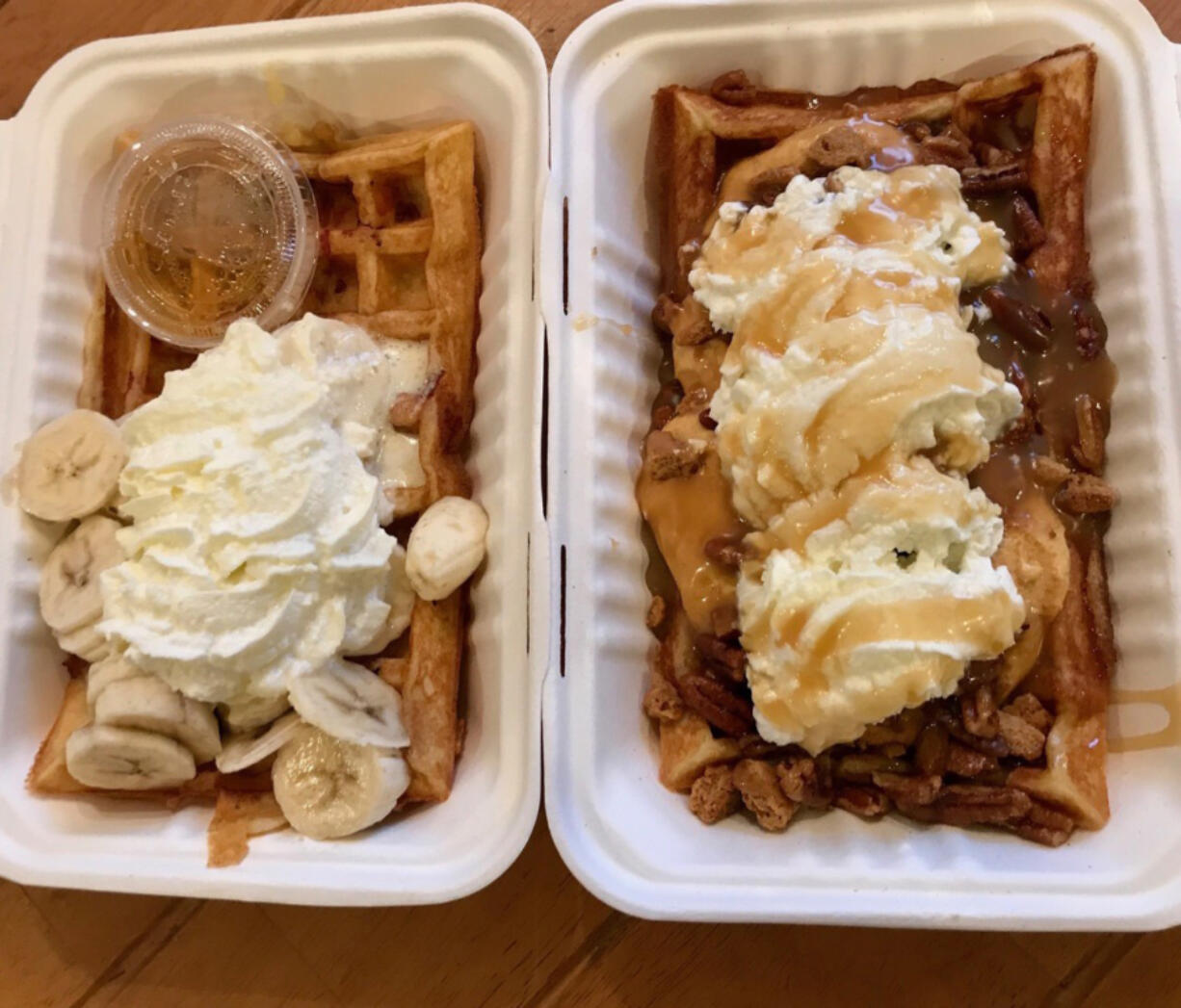 The maple, banana, bacon waffle, left, and a pumpkin cheesecake waffle from the Hello Waffle Drive-Thru in Camas are worth the drive.