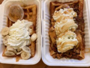 The maple, banana, bacon waffle, left, and a pumpkin cheesecake waffle from the Hello Waffle Drive-Thru in Camas are worth the drive.