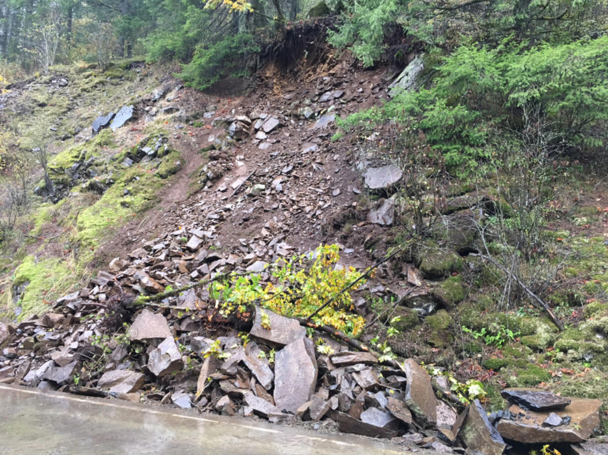 A landslide closed Washougal River Road in both directions at Milepost 4 through the weekend (Clark County Public Works).