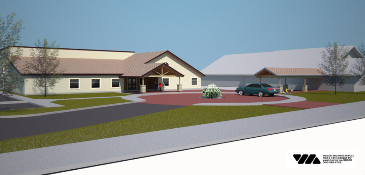 Drawings show a proposed community resource center (left) that would connect to an existing building on The Salvation Army’s campus off Northeast 112th Avenue.