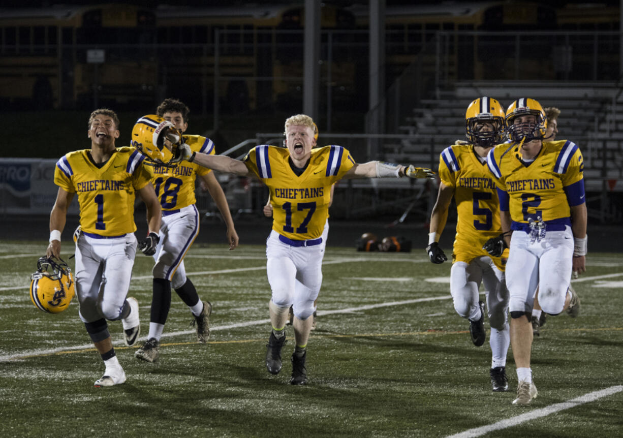 Columbia River celebrates their win after the 2A GSHL tiebreaker games at Doc Harris stadium on Monday night, Oct. 30, 2017. Columbia River won the tiebreaker against Washougal 3-0 and will be the 2-seed in the GSHL.