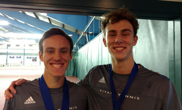 Alex Calpagiu, left, and Quinn Lamey of Union won the 4A district boys doubles title at Vancouver Tennis Center on Saturday, Oct. 21, 2017.