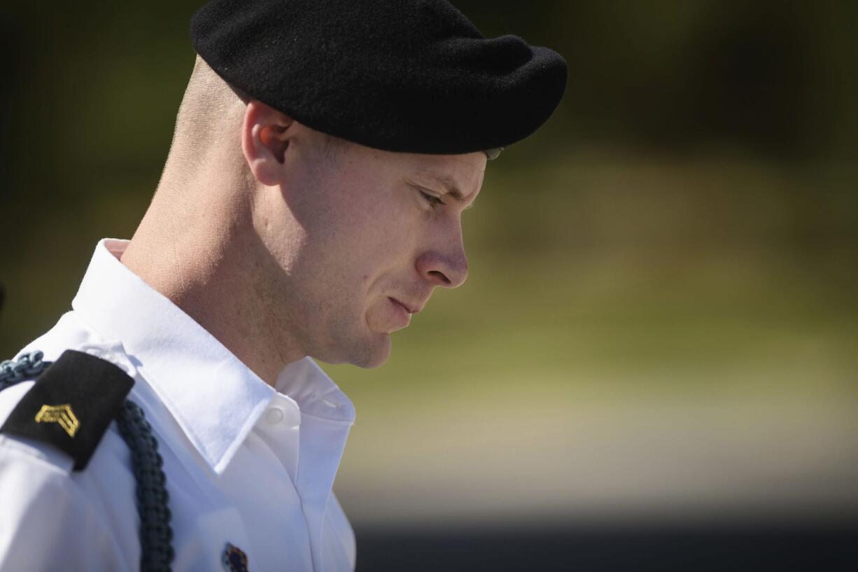 FILE- In this Sept. 27, 2017, file photo, Army Sgt. Bowe Bergdahl leaves a motions hearing during a lunch break in Fort Bragg, N.C. Bergdahl is expected to plead guilty on Monday, Oct. 16, to charges that he endangered comrades by walking away from a remote post in Afghanistan in 2009. The U.S. Army said Bergdahl asked to enter his plea before the military judge at Fort Bragg.