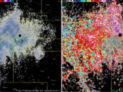 Radar images from Tuesday show a 70-mile-wide wave of butterflies drifting across the Denver metro area. Forecasters say the photos show two different types of radar images of the same movement of butterflies, and that the colors are the result of the way the radar detects the insects’ shape and direction of travel, not the colors of the butterflies themselves.