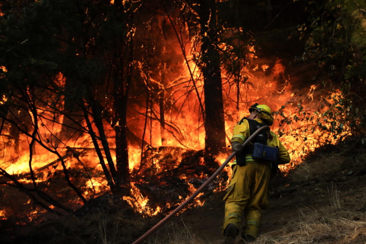 A firefighter carries a water hose to put out a fire during along the Highway 29 Friday near Calistoga, Calif. Firefighters gained some ground on a blaze burning in the heart of California's wine country but face another tough day ahead with low humidity and high winds expected to return.