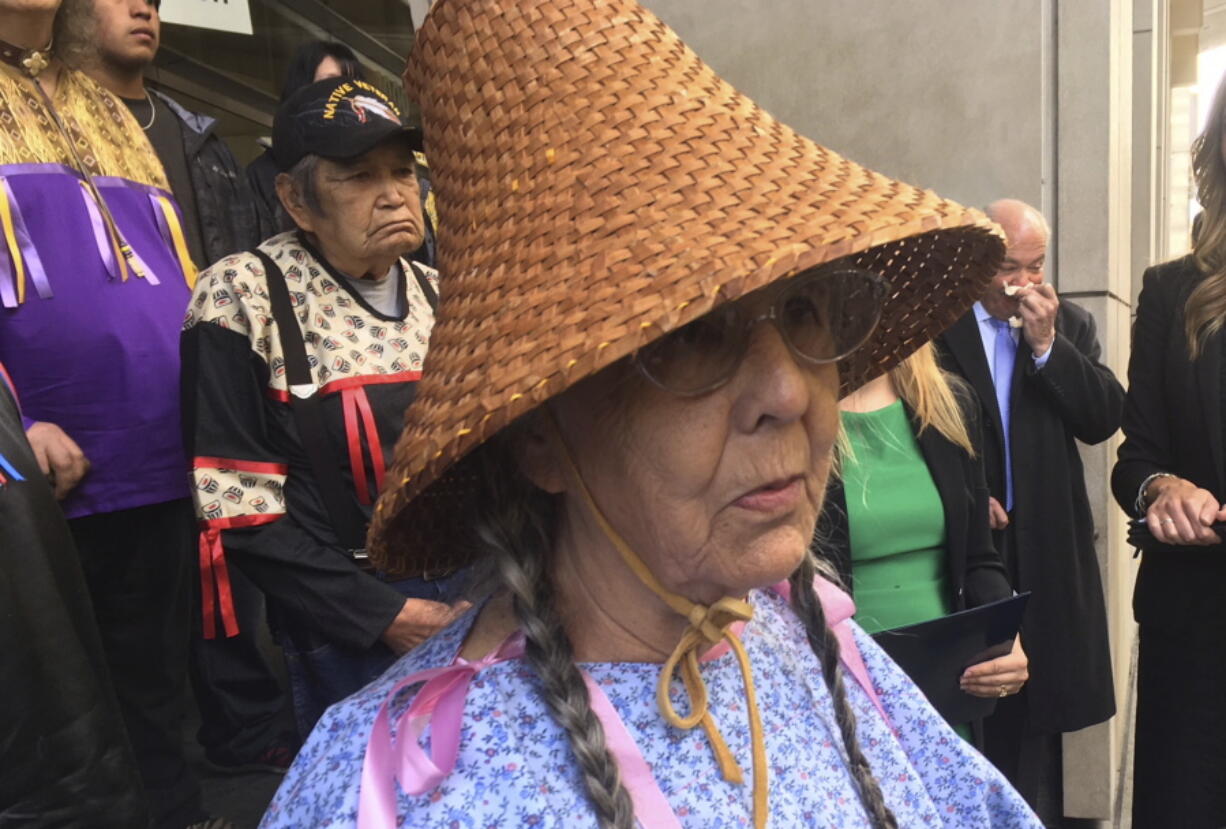 Carol Logan, an elder from the Confederated Tribes of Grand Ronde, speaks during a hearing in Portland, Monday. Lawyers for the government and a trio of tribal elders argued whether a lawsuit over the destruction of a sacred site should continue.