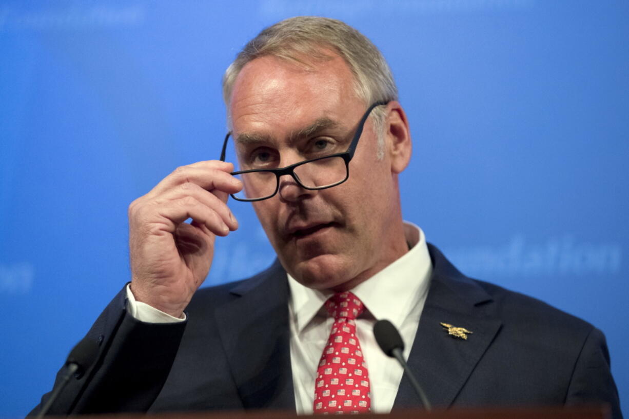 Interior Secretary Ryan Zinke speaks Friday on the Trump Administration’s energy policy at the Heritage Foundation in Washington.