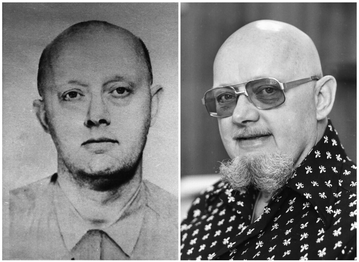 FILE - This photo combination shows an image from a 1960s FBI wanted poster of Benjamin Hoskins Paddock, left, and a 1977 file photo of Paddock, who went by the name Bruce Ericksen, when he was on the lam in Lane County, Oregon, following his escape from a federal prison in Texas, where he had been serving time for a string of bank robberies. Paddock's son, Stephen Paddock, was the gunman who opened fire on a country music festival in Las Vegas on Sunday, Oct. 1, 2017, killing dozens and wounding hundreds.