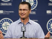 Seattle Mariners manager Scott Servais speaks with reporters during a baseball news conference Tuesday, Oct. 3, 2017, in Seattle. The team finished their season at 78-84, third place in American League West.