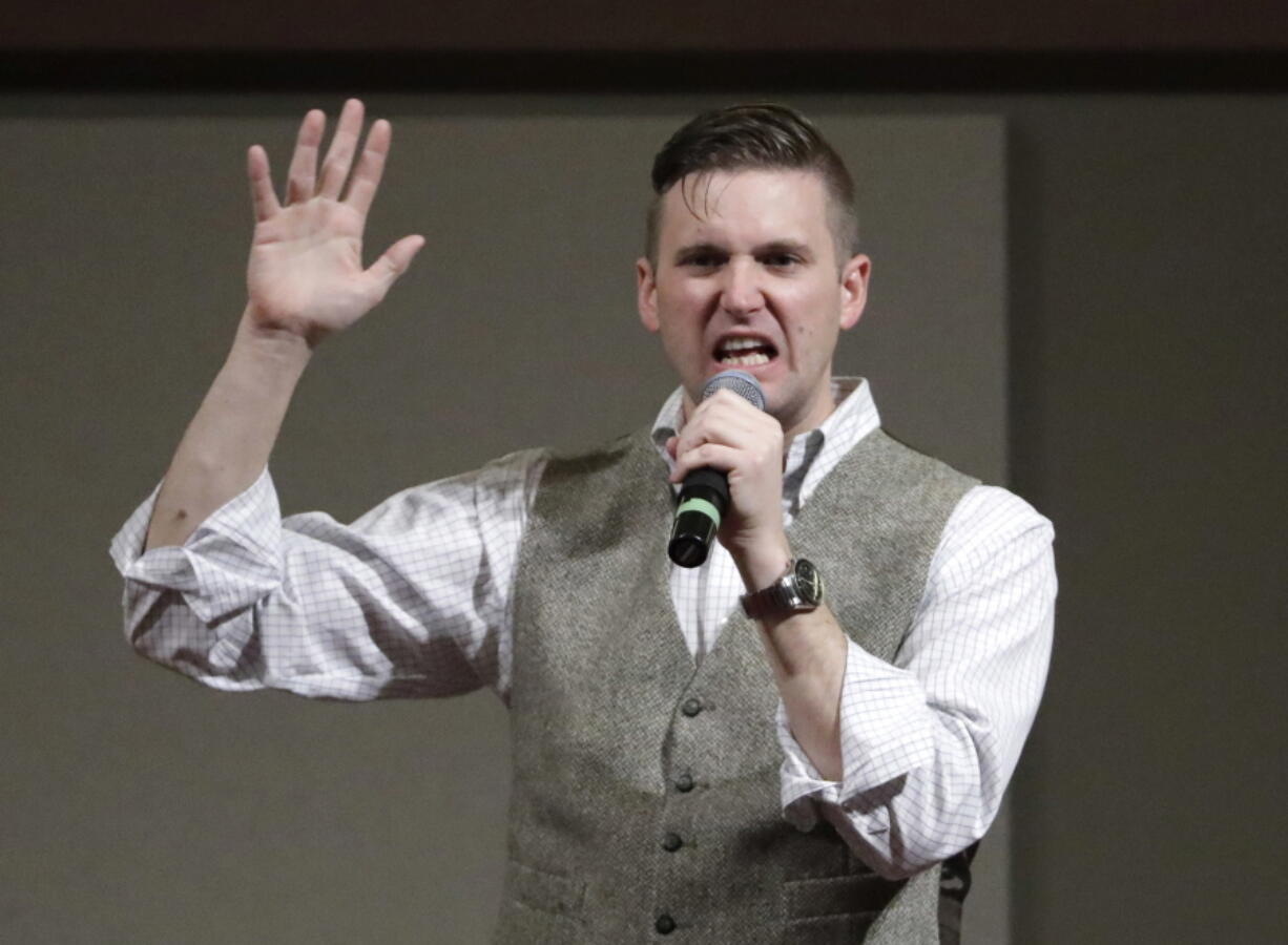 FILE - In this Dec. 6, 2016, file photo, Richard Spencer, who leads a movement that mixes racism, white nationalism and populism, speaks at the Texas A&M University campus in College Station, Texas. An associate of Spencer sued Ohio State University after it refused to rent campus space for him to speak. The lawsuit was filed Sunday, Oct. 22, 2017, in federal court in Columbus. (AP Photo/David J.