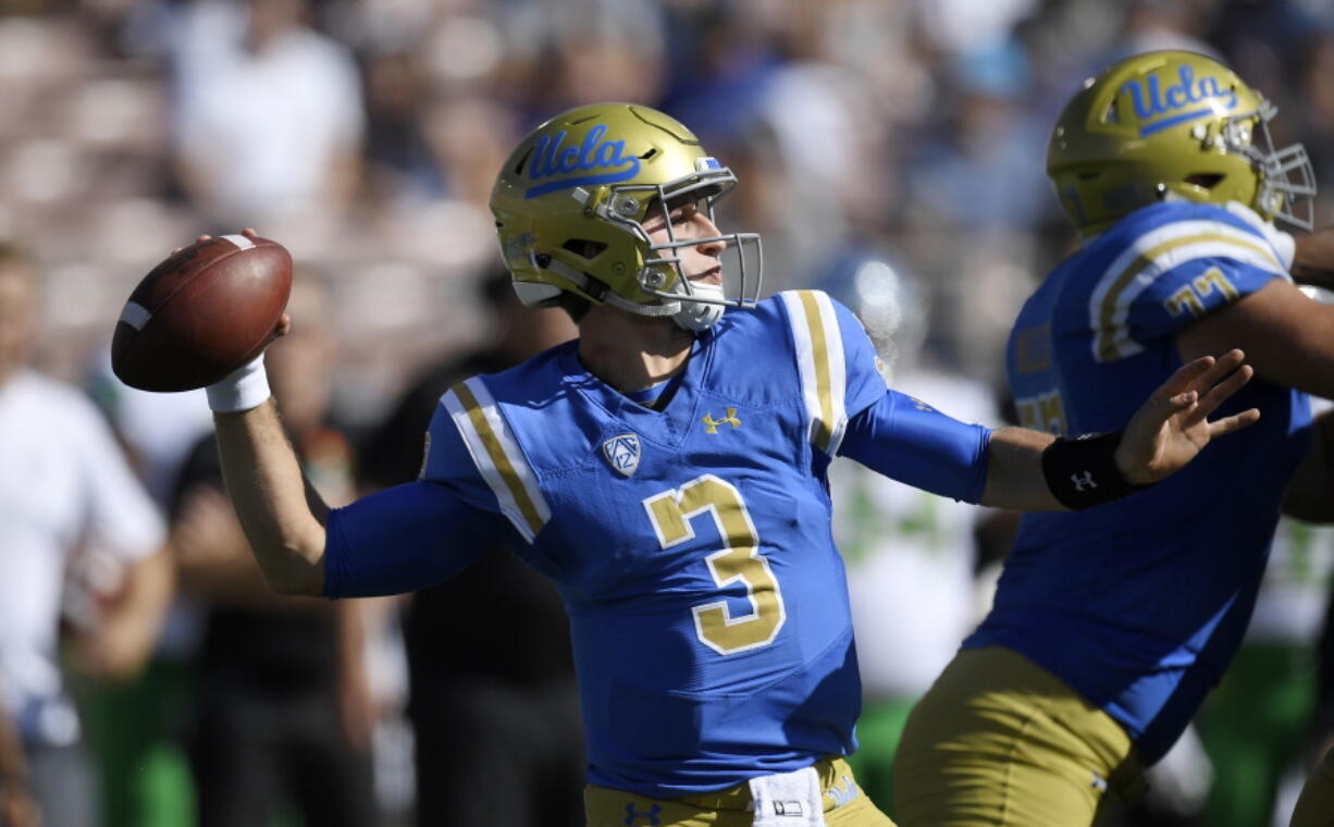 UCLA quarterback Josh Rosen passes during the first half of an NCAA college football game against Oregon, Saturday, Oct. 21, 2017, in Pasadena, Calif. (AP Photo/Mark J.