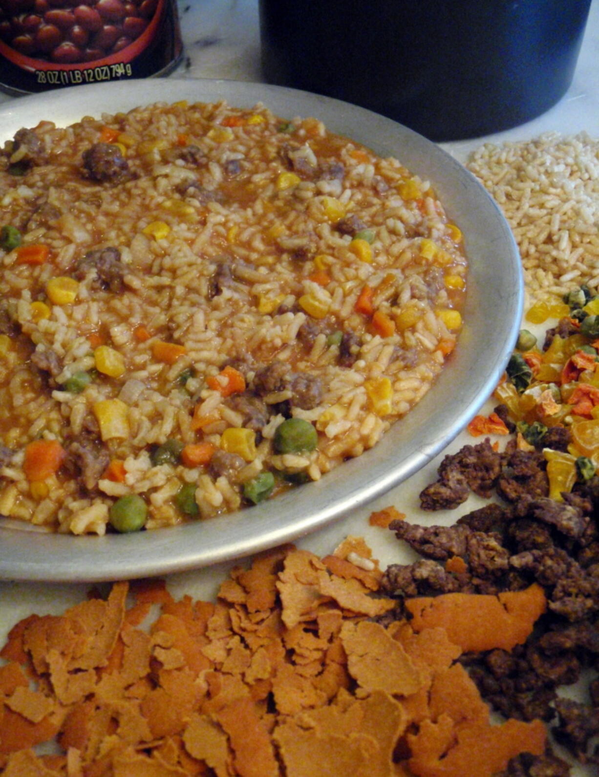 Dehydrated ingredients for bean bark stew at lower right, and the stew prepared at left in Waleska, Ga.​ Glenn McAllister