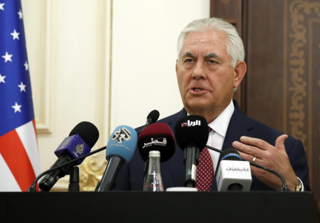 Secretary of State Rex Tillerson answers a reporter’s question during a media availability with Qatar’s Foreign Minister Sheikh Mohammed bin Abdulrahman Al Thani after their meeting, Sunday, in Doha,Qatar.