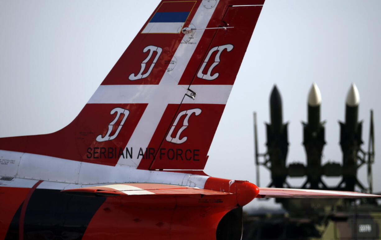 FILE - In this April 6, 2016 file photo, Yugoslav-made Galeb-4 (Seagull-4) multi-purpose jet stands on the tarmac at the military airport Batajnica, near Belgrade, Serbia. Russia has started the delivery of six MiG-29 fighter jets to Serbia in what could worsen tensions with neighboring states and trigger an arms race in the war-weary Balkan region.