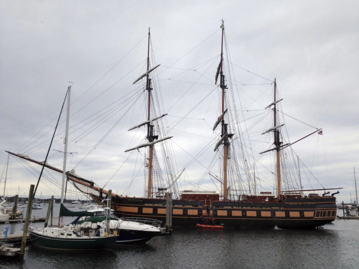 Tall ship SSV Oliver Hazard Perry sits in the Newport Harbor, Monday in Newport, R.I. U.S. Coast Guard officials said the ship was leaving a seafood festival Sunday evening when it lost power and began to drift in the harbor, hitting several boats. There were no injuries and minimal damage.