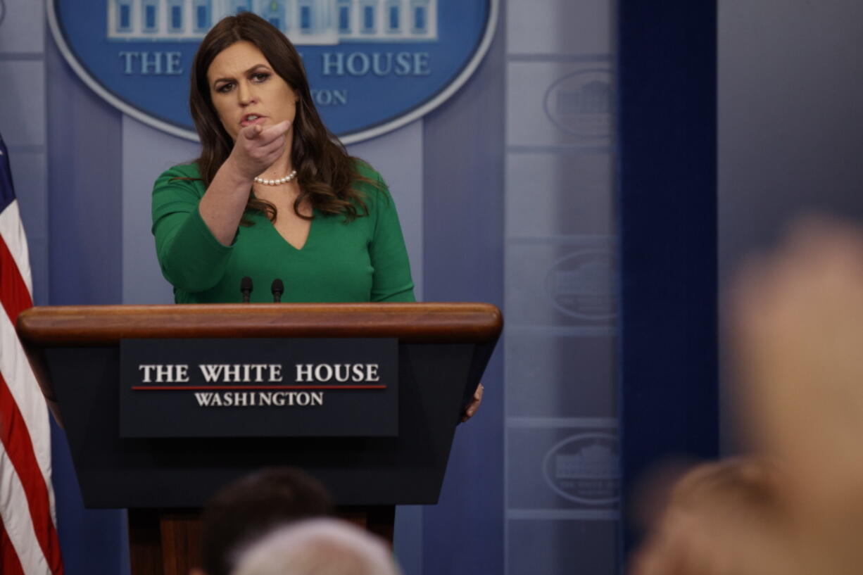 White House press secretary Sarah Huckabee Sanders speaks during the daily press briefing, Friday, Oct. 27, 2017, in Washington.