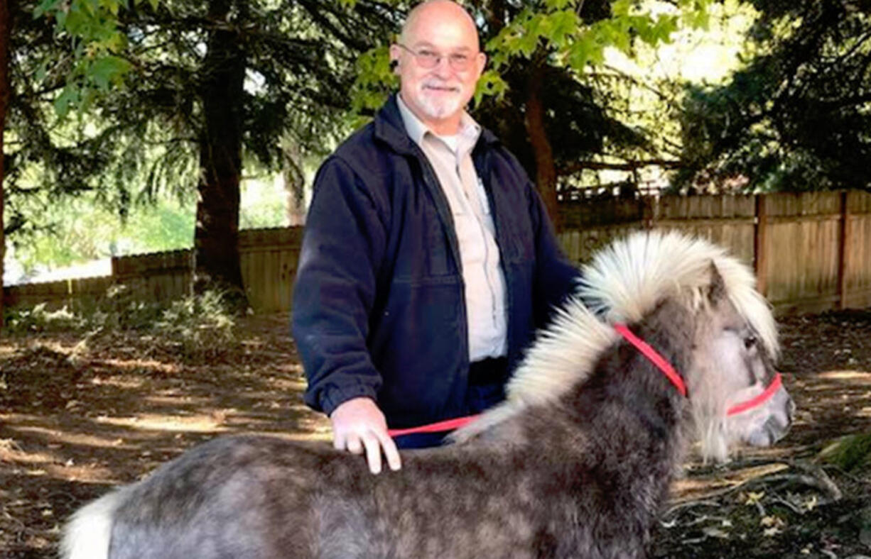 Bill Burrus, field officer for Clark County Animal Protection and Control, holds a pony found Monday at the Vancouver Village shopping area near the Vancouver Mall. The pony was reported on the loose about 11 a.m. but was quickly contained by Vancouver police officers and troopers with the Washington State Patrol.