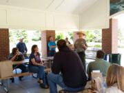 Joseph “Pat” Barry doing what he loved to do at Bonneville Dam: tell stories and take questions.