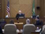 Judge Robert Lewis presides over Brent Luyster's triple aggravated murder trial in Clark County Superior Court on Wednesday morning, Nov. 1, 2017.